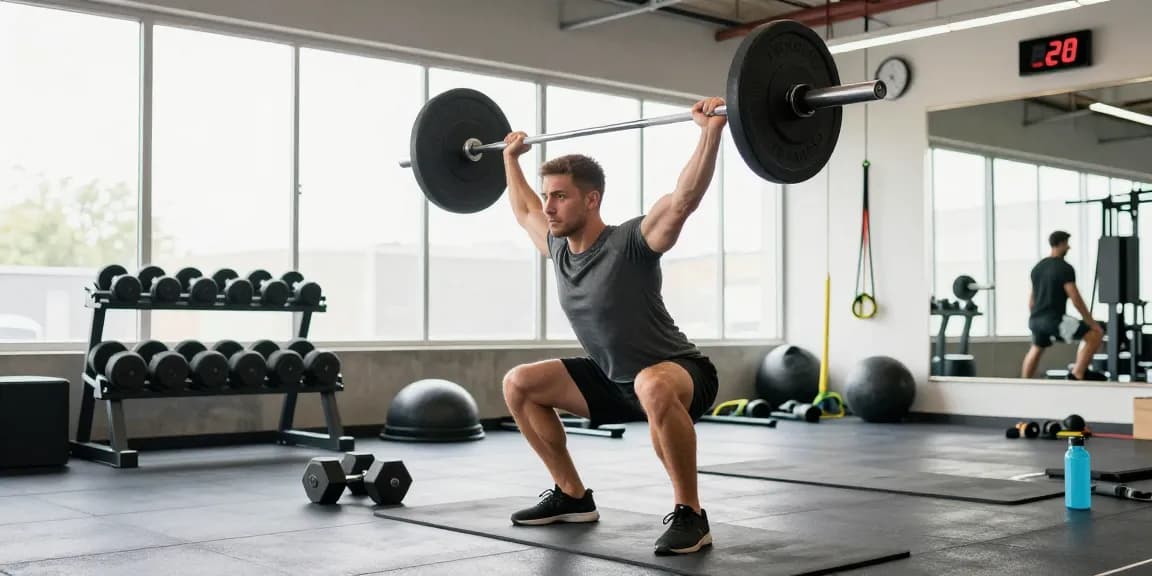 Anabolika Shop: Bodybuilder hebt Gewichte in einem hellen Fitnessstudio, umgeben von Sportgeräten.