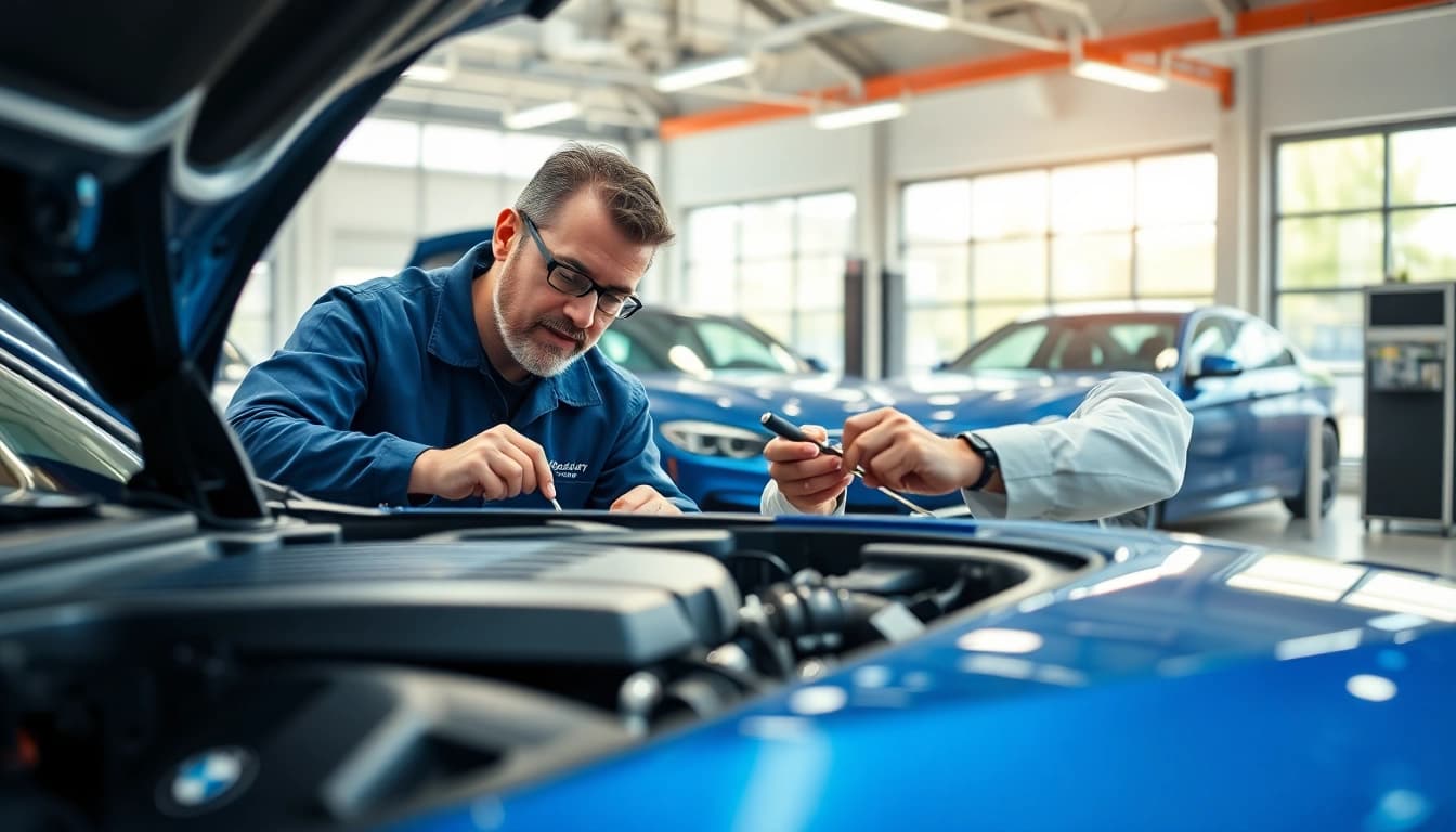 BMW Spezialist inspiziert sorgfältig den Motor eines Autos in einer modernen Garage.