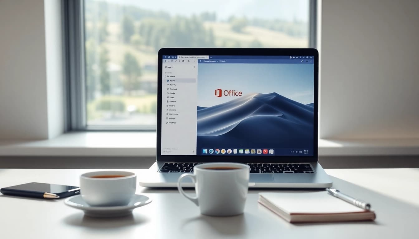 Office 2024 für Apple Mac kaufen – Modern workspace featuring an Apple MacBook and coffee.