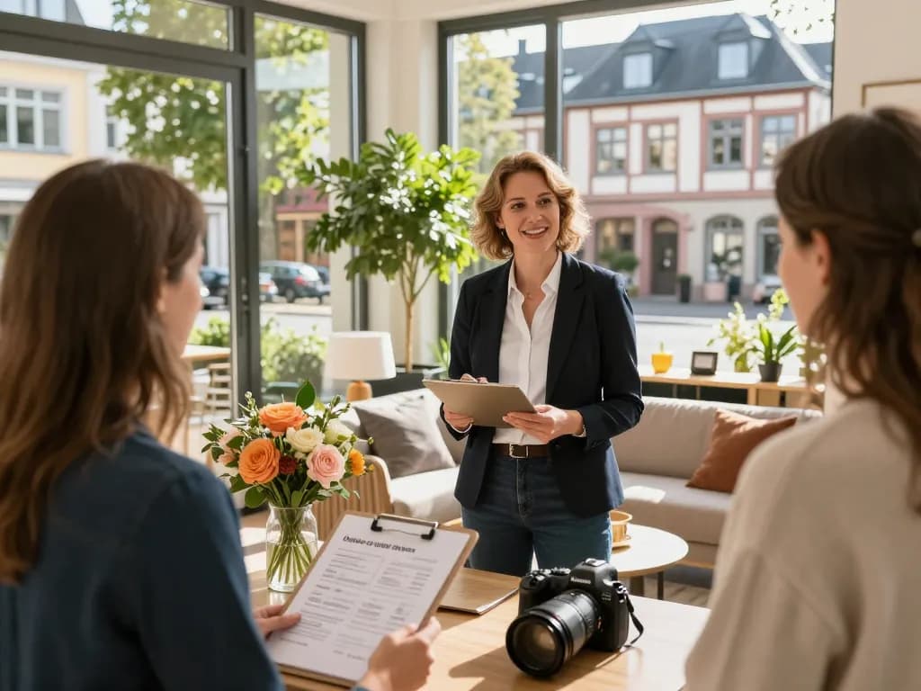 Fesselnde Szene mit Immobilienmakler Frankfurt Dornbusch, der charmante Immobilien während einer sonnigen Open-House-Veranstaltung präsentiert.
