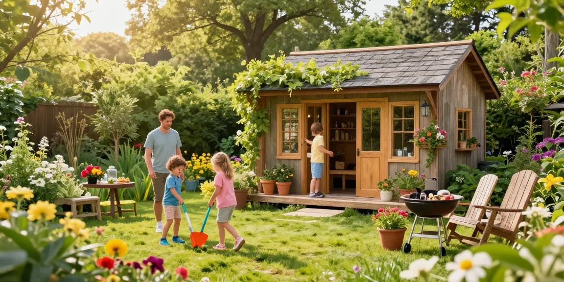 Ein wunderschönes Garten Haus umgeben von blühenden Pflanzen, Familie genießt einen sonnigen Tag im Garten.