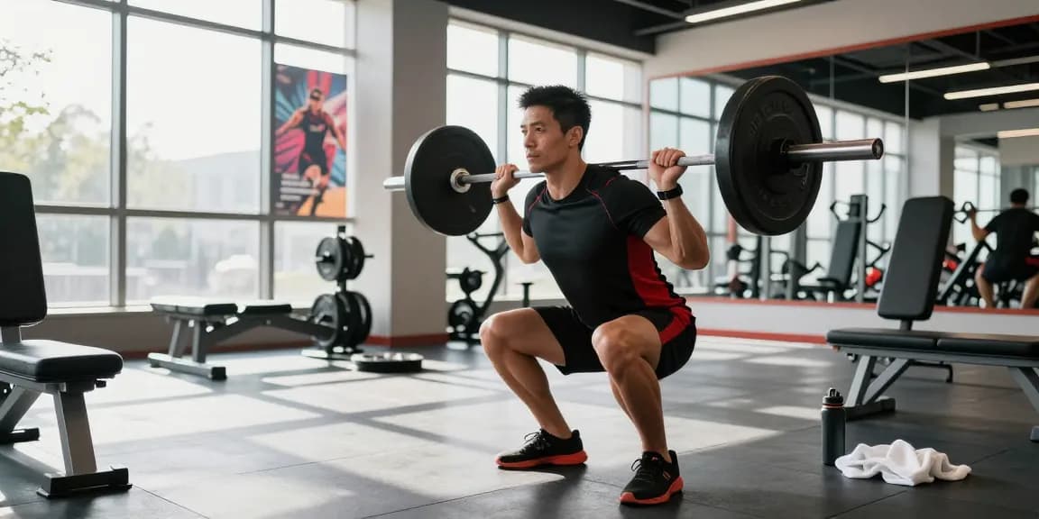 Trainier im Anabolika Shop Gym beim Squats mit Gewichten, starke Fitnessatmosphäre
