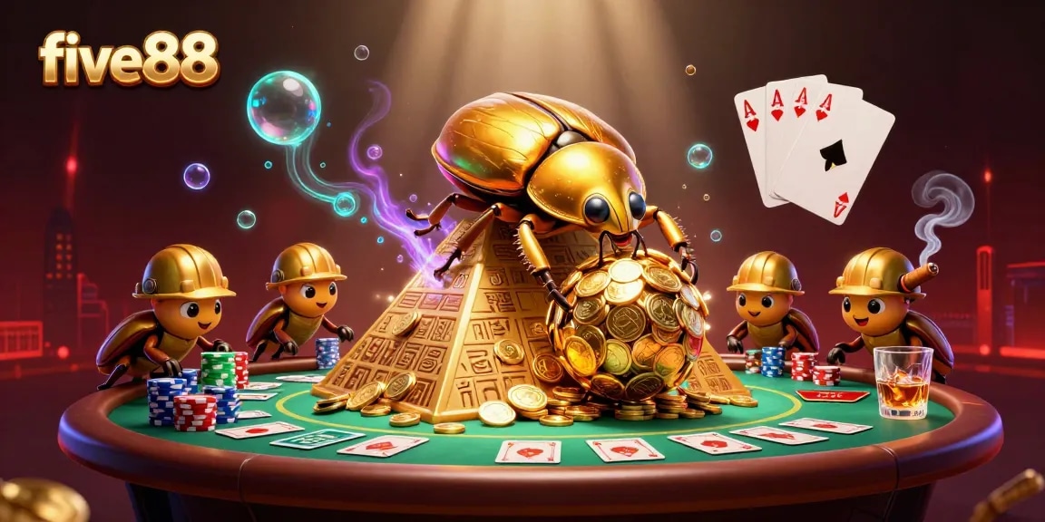Experience the excitement of five88 with a beetle team rolling coins in this vibrant casino illustration.