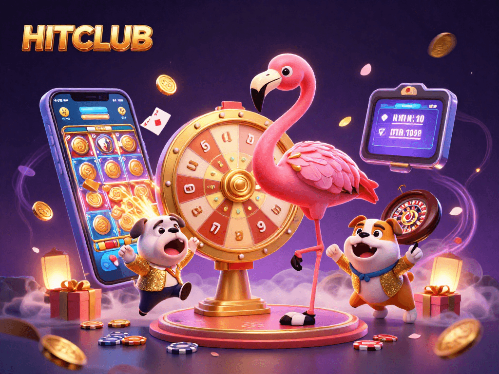 HITCLUB invites gamers to spin the prize wheel and win dynamic casino prizes in this vibrant illustration.