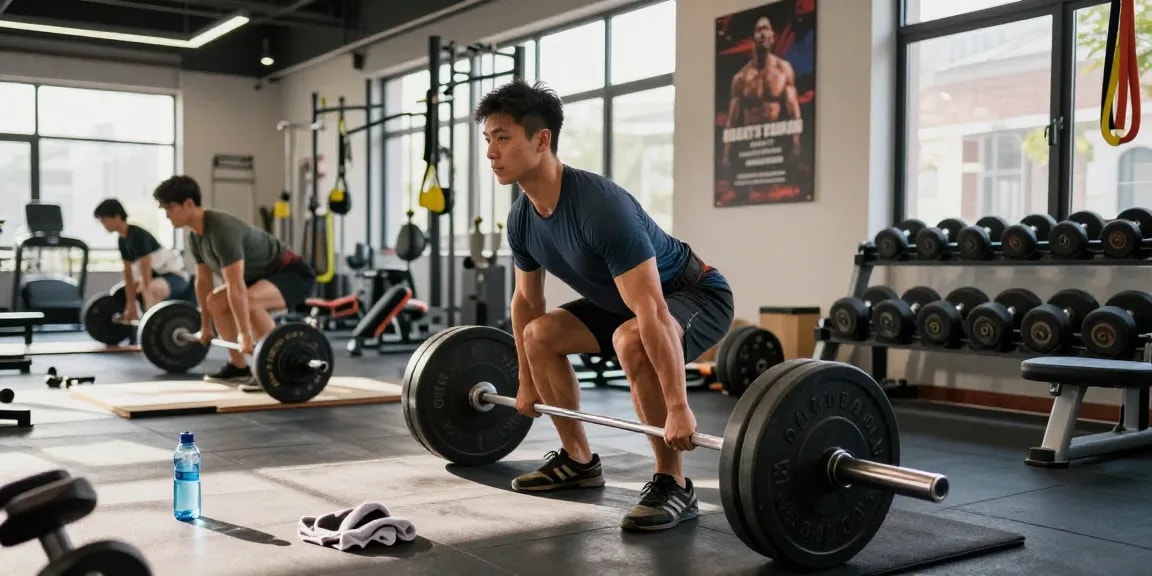 Astera Shop: Fitnessbegeisterte im modernen Gym beim Gewichtheben und trainieren.