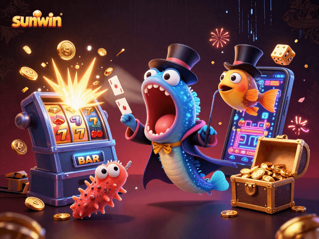Engage in thrilling gameplay with sunwin’s vibrant 3D casino illustration featuring unique characters and jackpot elements.