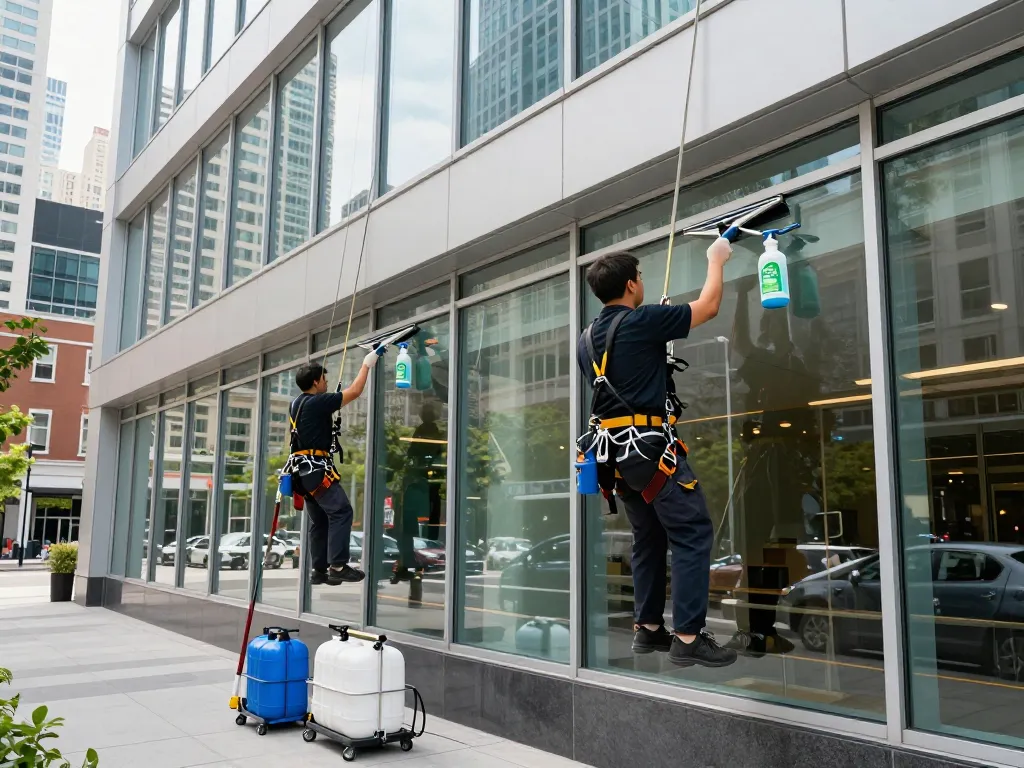 Zuverlässiges Fensterreinigungsteam in Münster, das makellose Ergebnisse erzielt und professionelle Techniken zeigt.