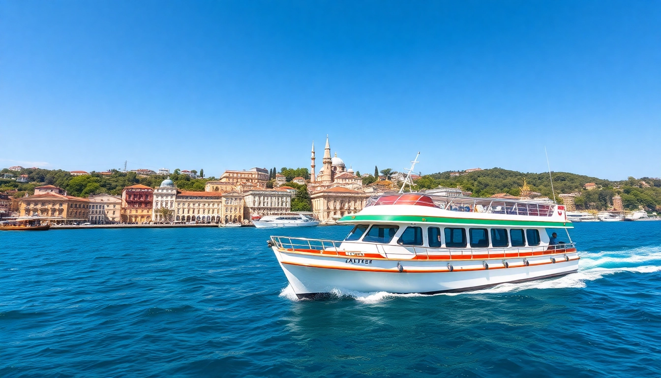 Bosphorus daytime cruise auf blauem Wasser mit historischen Gebäuden und lebhaften Farben.