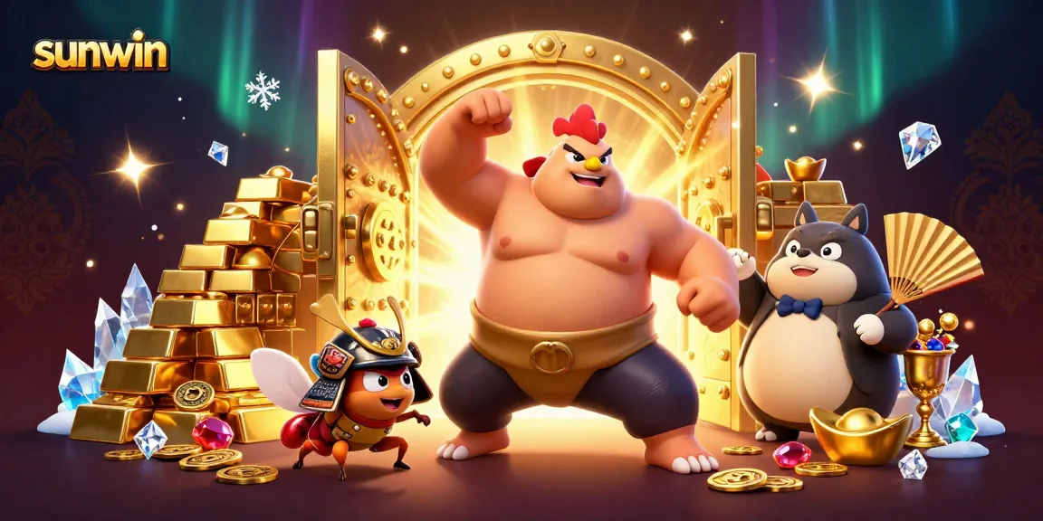 Sunwin showcases an energetic scene with a powerful sumo chicken, fierce cricket fighter, and tanuki announcer amidst treasures in a dynamic casino atmosphere.