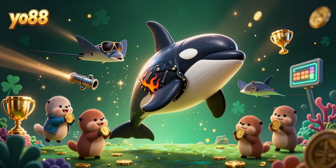 Experience gaming excitement with yo88 as a cartoon orca and stingray engage in underwater adventures.