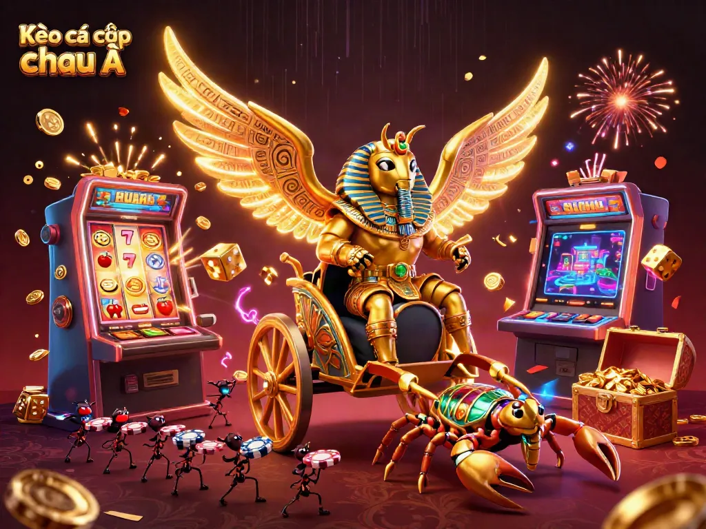 Kèo cá cược châu Á illustration featuring a colossal golden scarab beetle in armor, surrounded by rich casino elements and vibrant visuals.