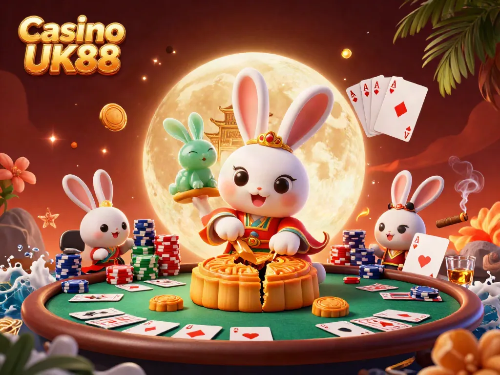 Experience the thrill of Casino UK88 with a lively celestial scene featuring gambling elements and folklore characters.