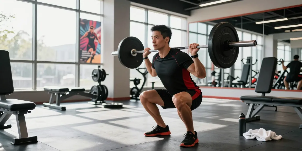 Trainier im Anabolika Shop Gym beim Squats mit Gewichten, starke Fitnessatmosphäre