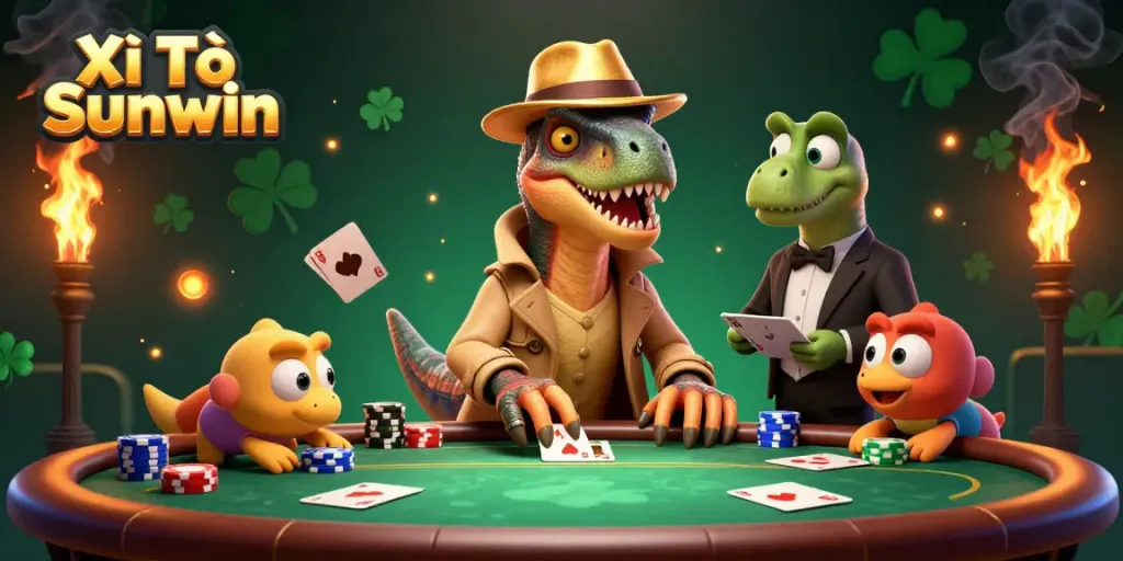 View a lively poker scene featuring Xì Tố Sunwin characters including a humorous velociraptor and stegosaurus amidst betting chips and cards.