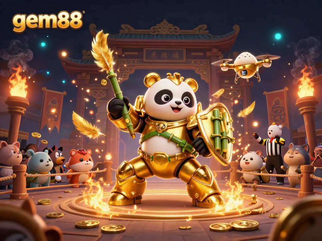 Engage in thrilling gaming at gem88 with a dazzling 3D panda fighting robot amidst vibrant casino elements.