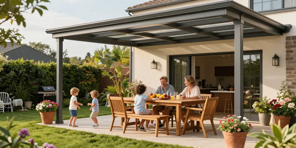 Terrassenüberdachung bietet Schutz und Stil für die Familie im Garten.