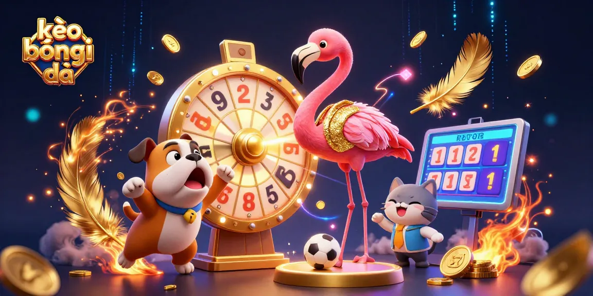 Engage with kèo bóng đá as a flamingo host spins a prize wheel amidst a vibrant betting scene.