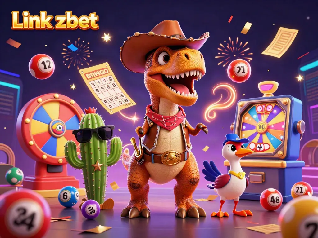 Win big with Link zbet in a vibrant 3D casino scene full of colorful lottery elements and playful characters.