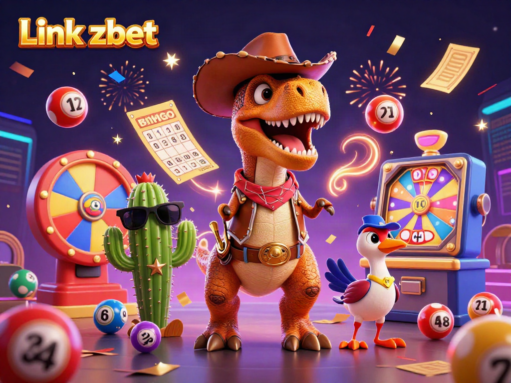Win big with Link zbet in a vibrant 3D casino scene full of colorful lottery elements and playful characters.
