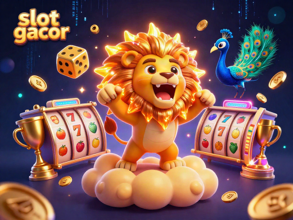 Engage with slot gacor gameplay in a vibrant casino-themed 3D illustration featuring dynamic characters.