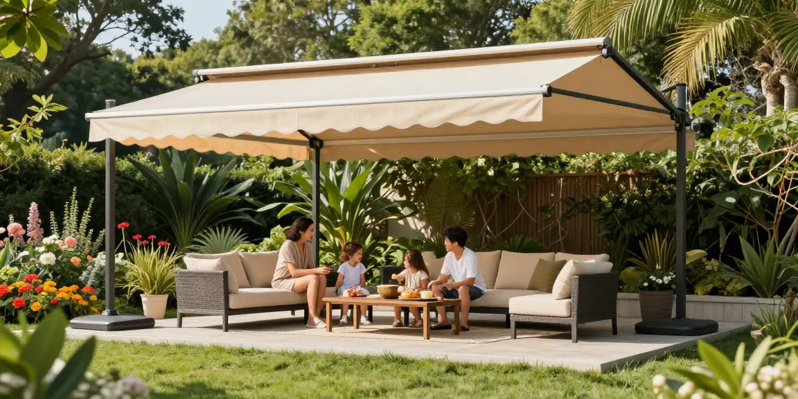 Moderne freistehende Terrassenüberdachung in einer einladenden Gartenlandschaft.
