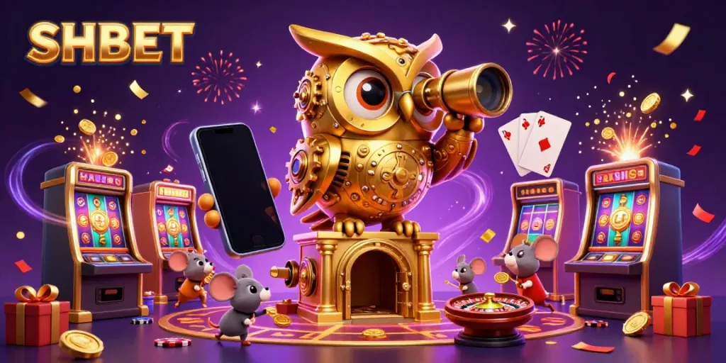 Experience the excitement of SHBET with a vibrant casino scene featuring a golden owl and animated patrons.