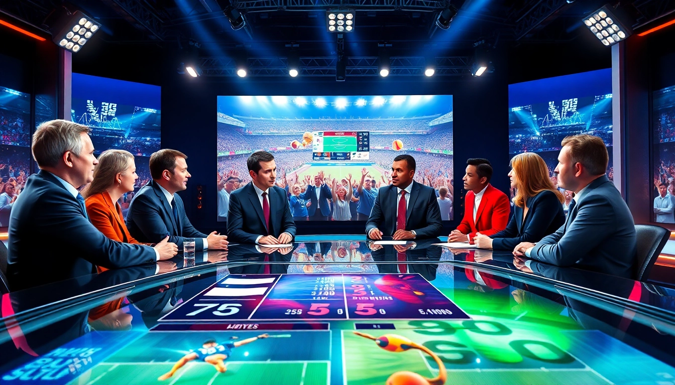 Dynamic scene of sports broadcasting with commentators and live game stats on display.