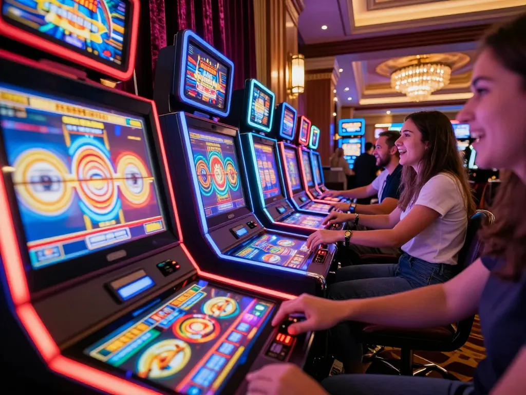 Engaged players spinning the reels on 7m slot machines for exciting casino gameplay
