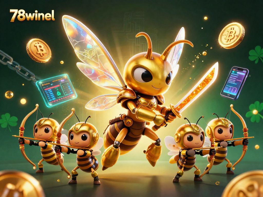 Join the excitement at 78winel with a stunning 3D illustration of a giant golden hornet and crypto elements illuminating the gaming world.