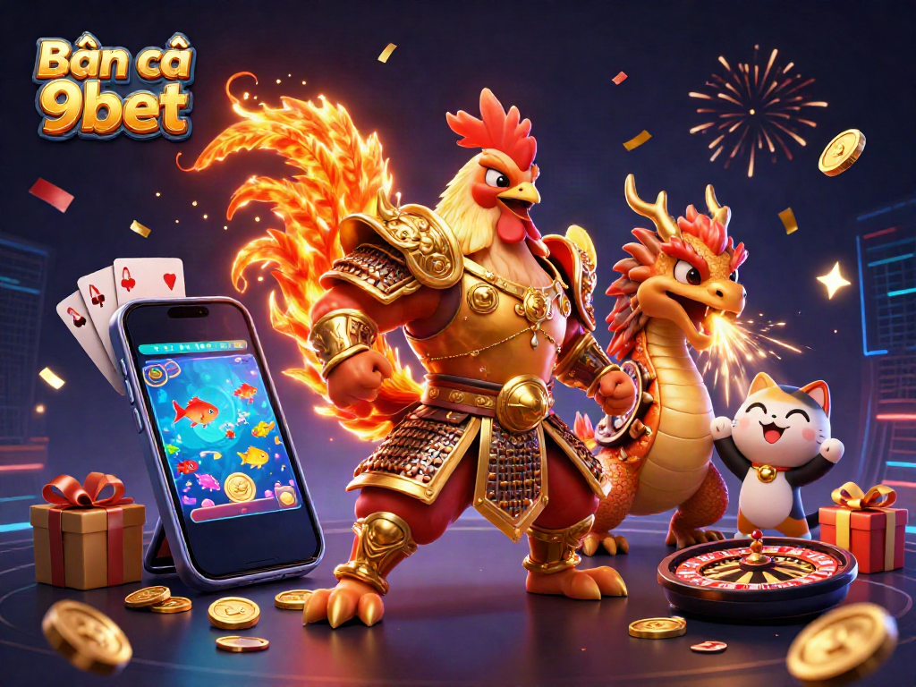 Bắn cá 9bet showcases an exciting underwater scene with a fighting rooster, dragon, and coins.