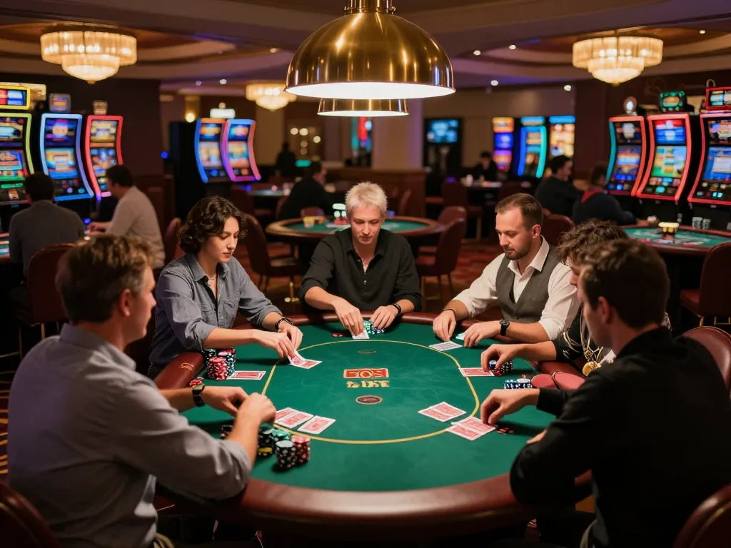 B52club players engaging at poker tables with thrilling atmosphere in luxurious casino.