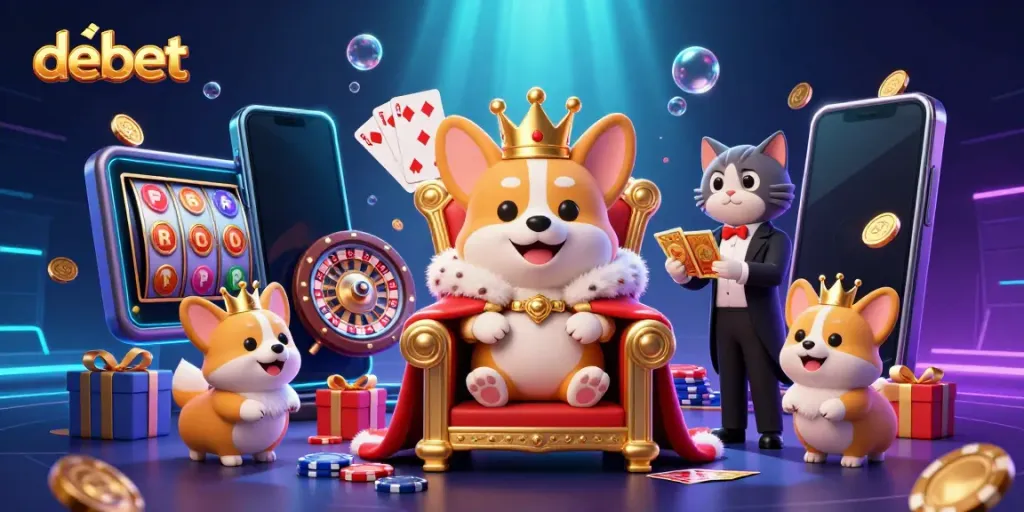 Experience thrilling gaming with debet's playful corgi and vibrant casino elements.