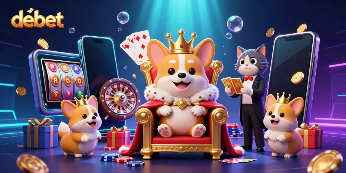 Experience thrilling gaming with debet's playful corgi and vibrant casino elements.