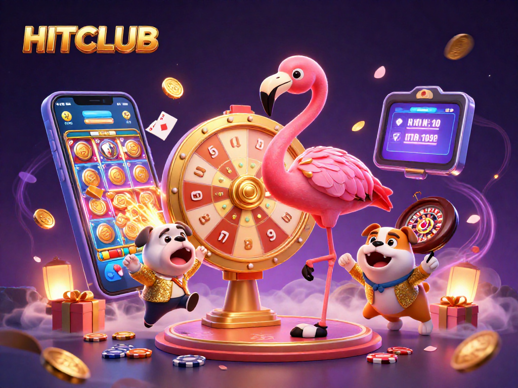 HITCLUB invites gamers to spin the prize wheel and win dynamic casino prizes in this vibrant illustration.