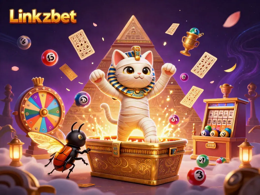 Celebrate with excitement at Link zbet, featuring a vibrant casino scene with a mummy cat and dynamic gaming elements.