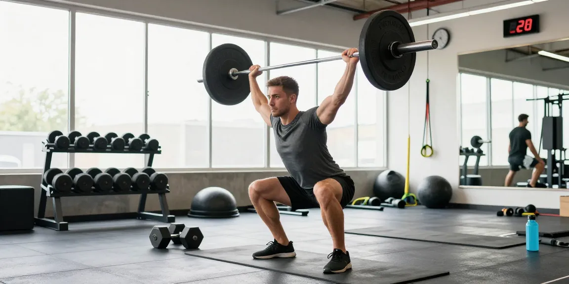 Anabolika Shop: Bodybuilder hebt Gewichte in einem hellen Fitnessstudio, umgeben von Sportgeräten.