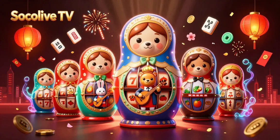 Socolive TV showcases a lively scene with casino-themed Matryoshka bears, engaging players in the gaming realm.
