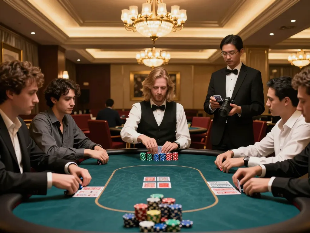 Players engaging in a high-stakes poker game at p789bet's elegant casino.