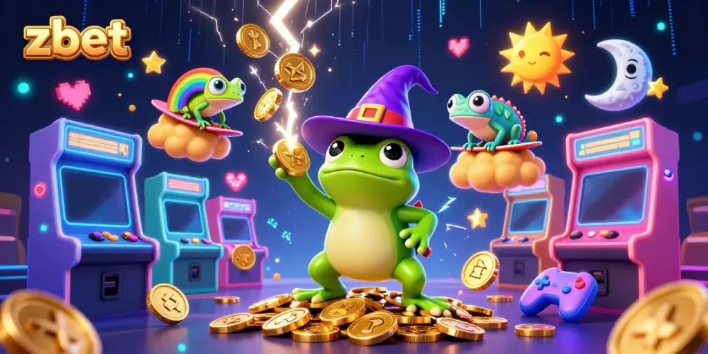 Experience the excitement of zbet with a magical scene of a wizard frog and vibrant chameleon amidst casino-themed elements.
