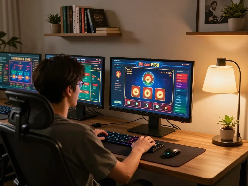 Engaging online gaming experience at Nhà cái F168 with multiple screens and strategy notes.