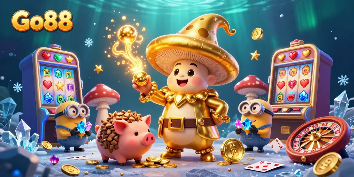 Engage in thrilling gaming adventures with Go88's vibrant 3D casino illustration featuring magical characters.