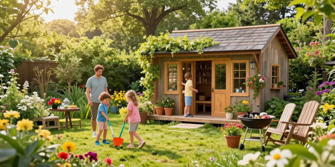 Ein wunderschönes Garten Haus umgeben von blühenden Pflanzen, Familie genießt einen sonnigen Tag im Garten.