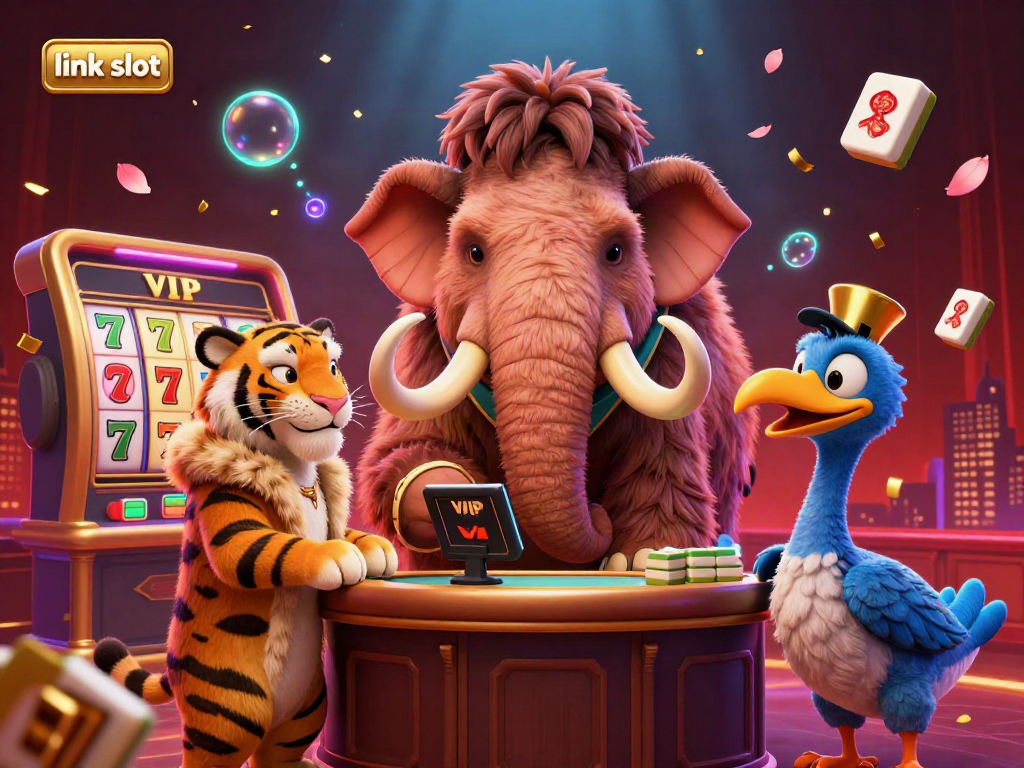 Win big at link slot's exciting online casino with a vibrant 3D illustration of a bouncer, a VIP guest, and dynamic gaming elements.