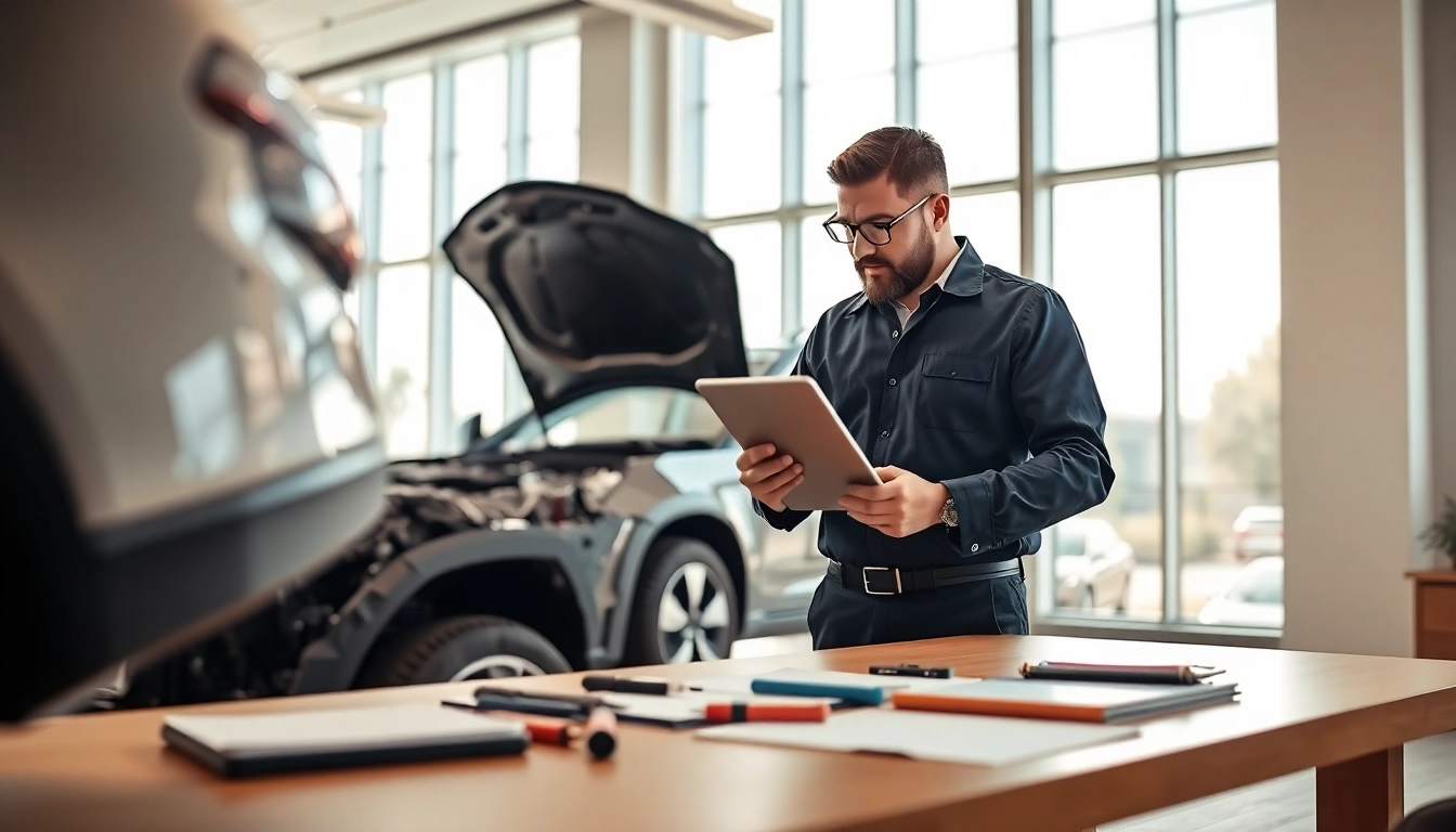 Kfz Sachverständiger Düsseldorf analysiert Fahrzeugschäden in einem modernen Büro.