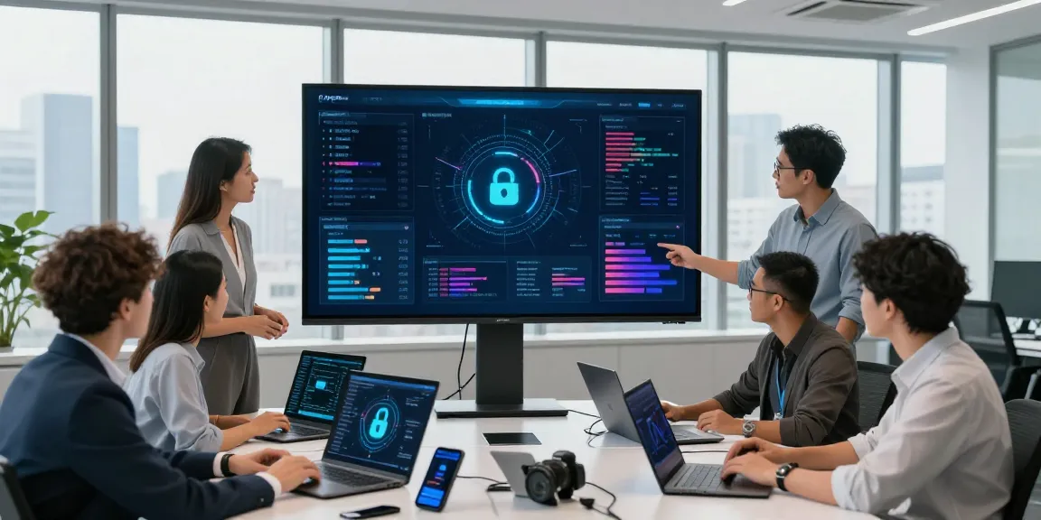 IT Sicherheitsberatung in modernem Büro mit Team, das Cybersecurity-Daten analysiert.