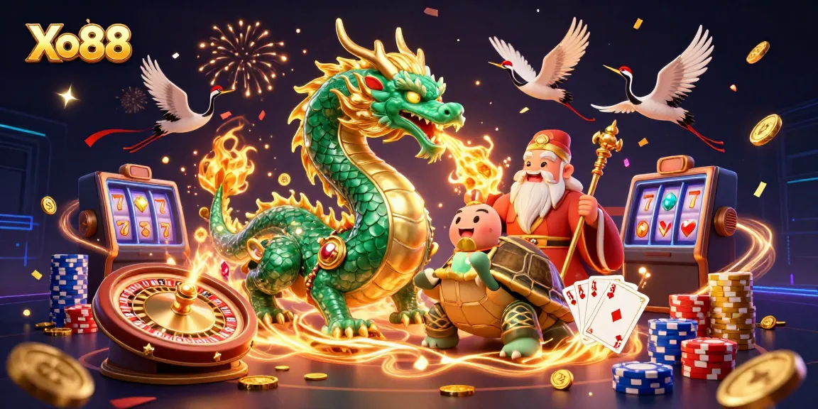 Xo88 features a dragon and turtle sage amidst golden coins and casino elements in an exciting digital illustration.