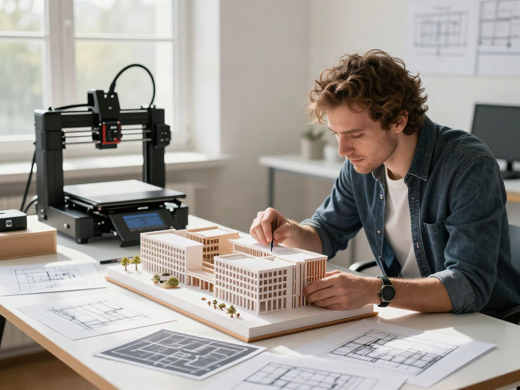 Gestaltungsmodell Architektur 1:200 Hamburg in hellem Studio mit Architekten und 3D-Drucker.