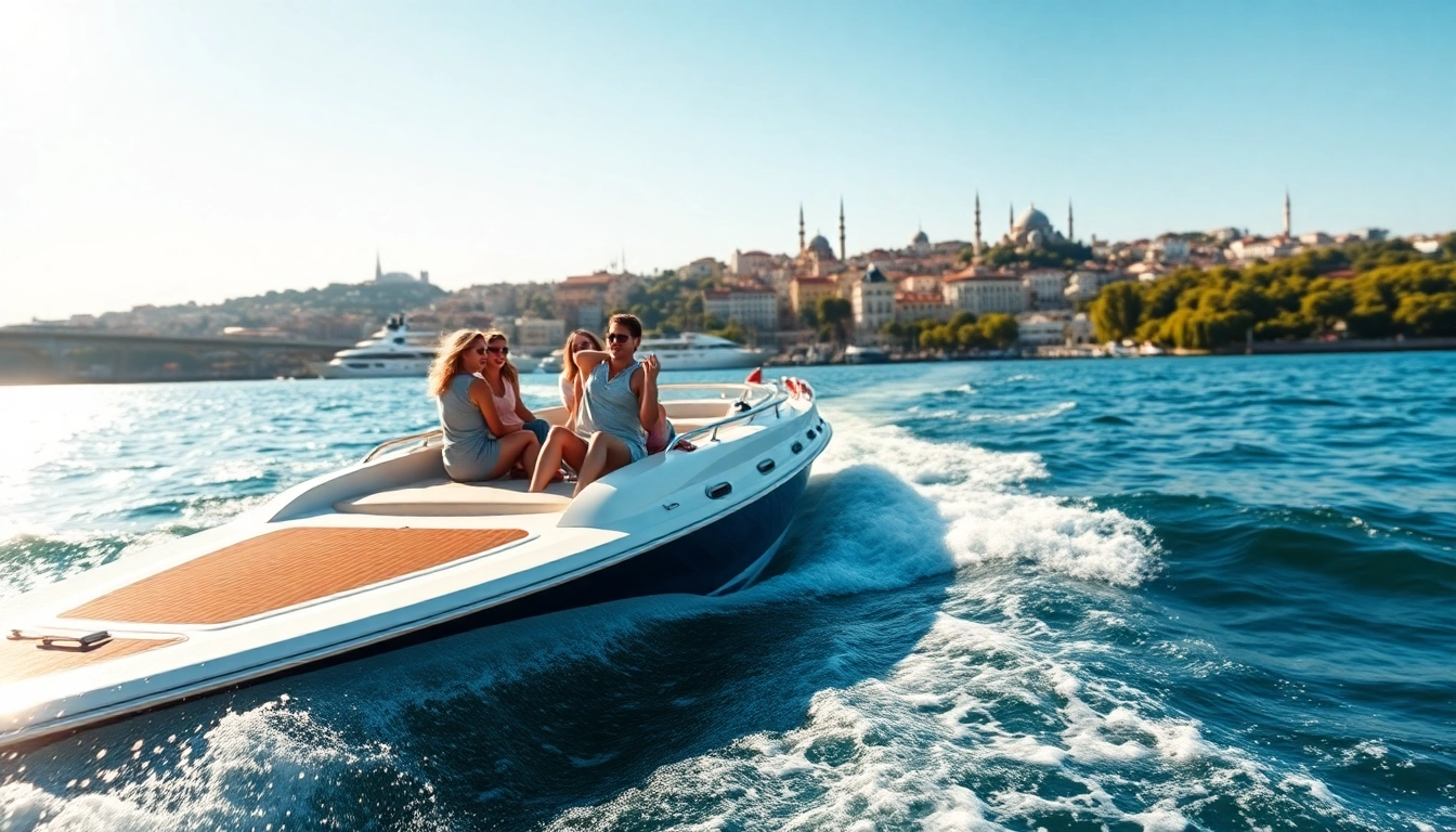Bosphorus daytime cruise with tourists enjoying the vibrant scenery in Istanbul.