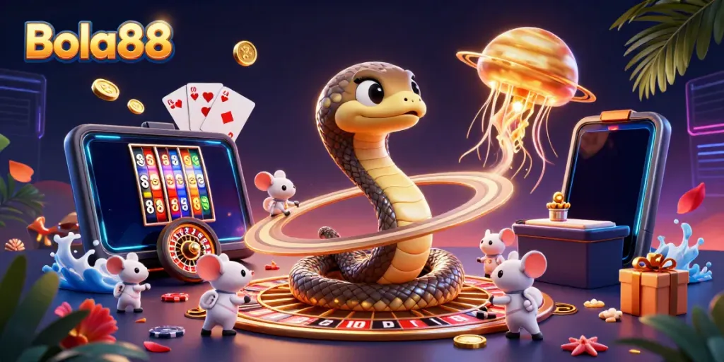 Place your bets on Bola88 with a vibrant 3D cosmic scene of gambling excitement, including roulette and slot games.