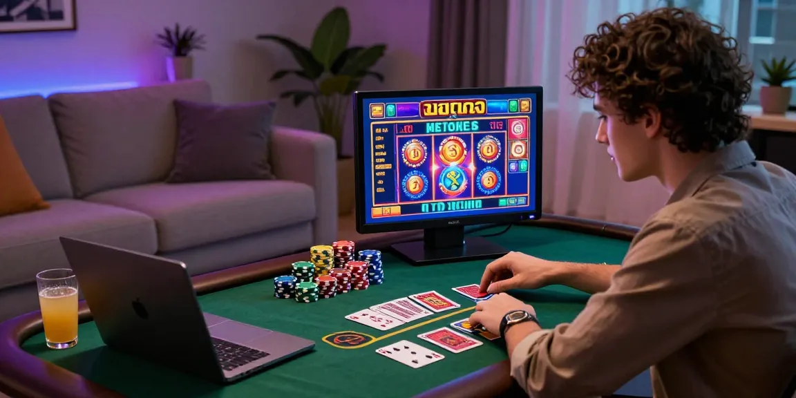 Exciting gaming experience showcasing สล็อตเว็บตรง slot game on a digital device surrounded by poker chips and cards.